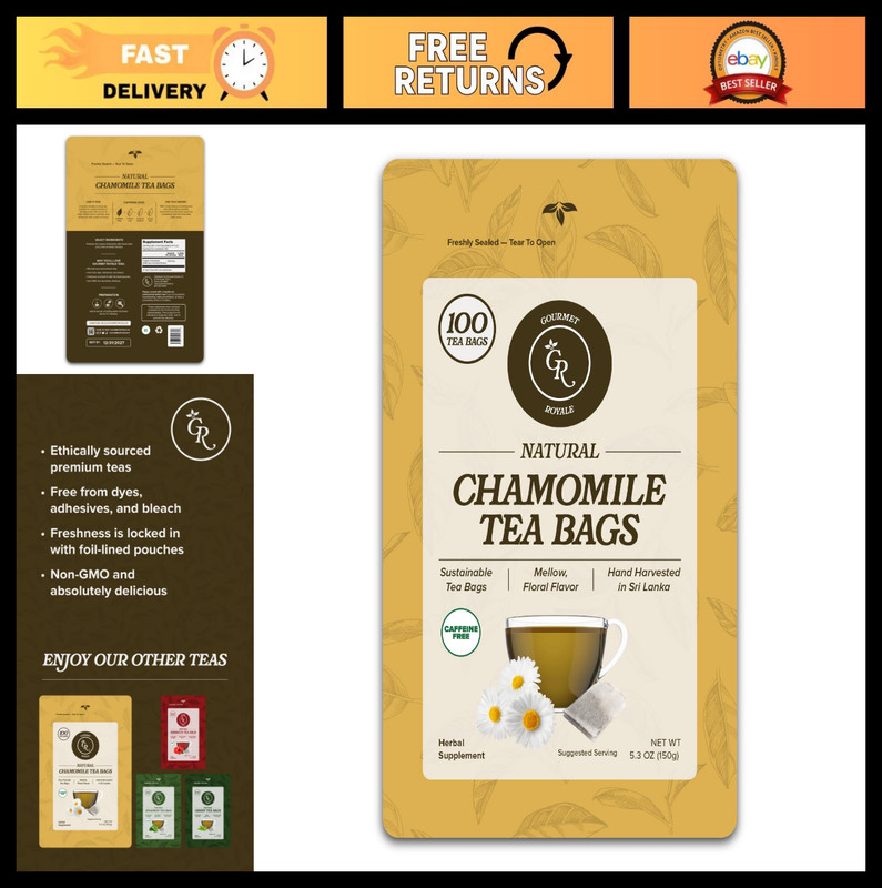 Premium Chamomile Tea Bags - 100 Count, Caffeine & Sugar Free, Natural & Sustain