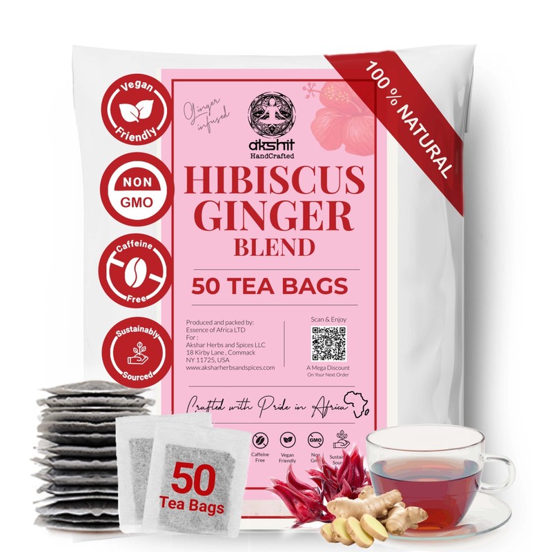 50 Hibiscus Tea Bags Natural Hibiscus Flower with Ginger Refreshing Wellness Tea