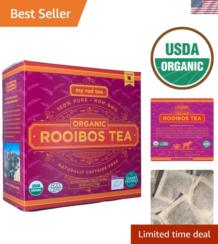 Pure Organic Rooibos Tea – 80 Tagless Teabags, Naturally Sweet & Full of Flavor