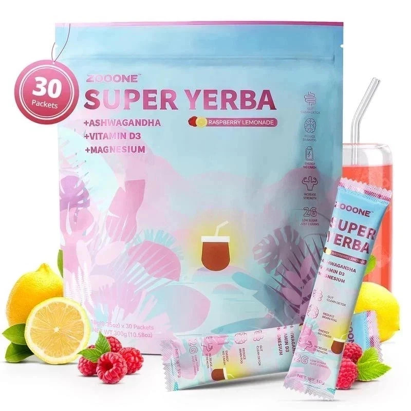 Super Yerba Mate Raspberry Lemonade Powder 30 Packets Ashwaganda D3 Magnesium