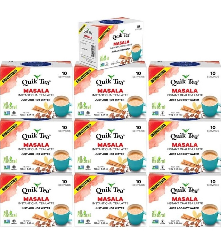QuikTea Unsweetened Masala Chai Tea Latte – 100 Count (10 Boxes of 10 Each)
