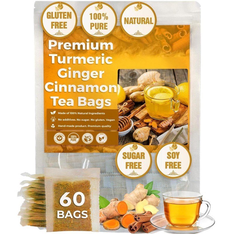 Turmeric Ginger Cinnamon Tea Bags – Herbal Caffeine-Free with Natural Ingredie