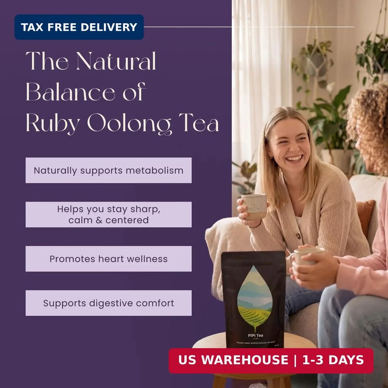 PiPi Tea Organic Oolong Tea Bags - Whole Leaf, 20 Bags (4g Each) - Cortisol & Ca gallery