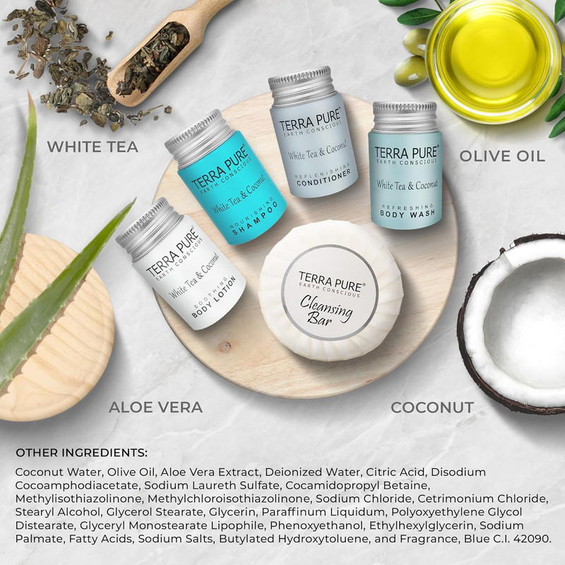 White Tea & Coconut Toiletries Set | 1-Shoppe Amenities Kit | 1Oz Shampoo & Cond gallery