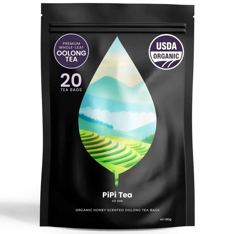 PiPi Tea Organic Oolong Tea Bags–Whole Leaf, 20 Bags(4g Each)–Cortisol & Calming