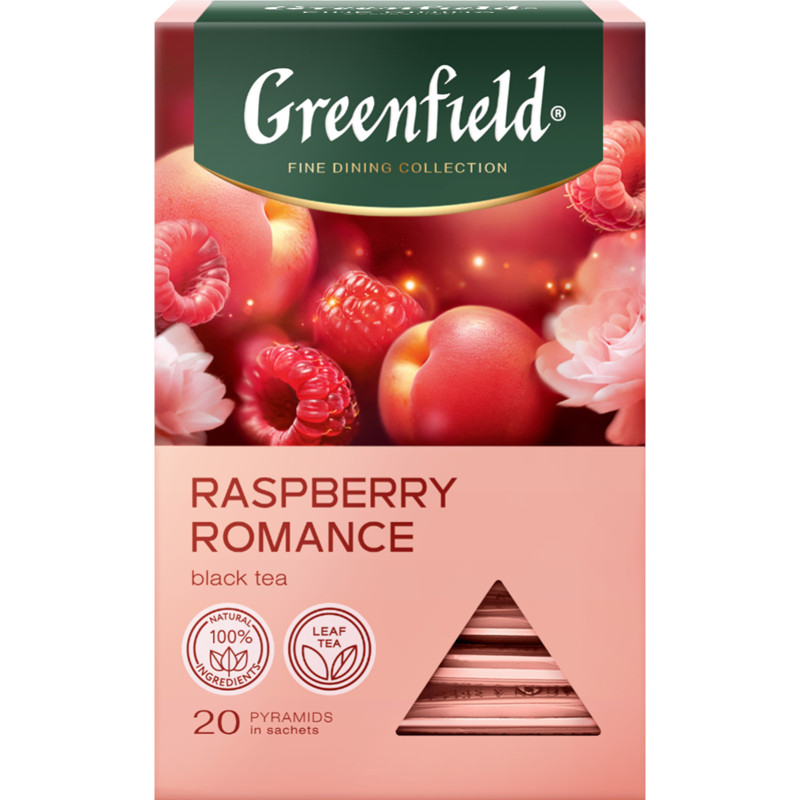 GREENFIELD Black Tea RASPBERRY ROMANCE 20 Pyramids Made in Russia RF NO GMO