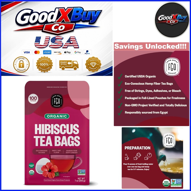 Organic Hibiscus Tea Bags 100 Count Caffeine Free Non-GMO Eco-Friendly