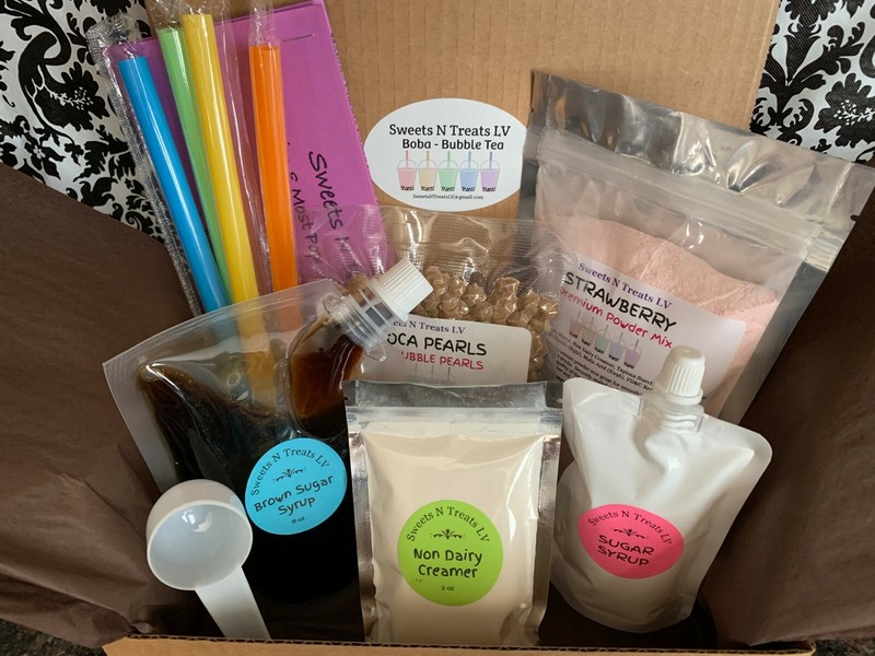 STRAWBERRY Powder Boba Bubble Tea Tapioca Pearls Brown Sugar Syrup DIY KIT New gallery