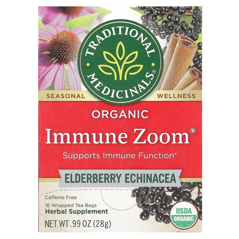 Organic Immune Zoom, Elderberry Echinacea, Caffeine Free, 16 Wrapped Tea Bags,