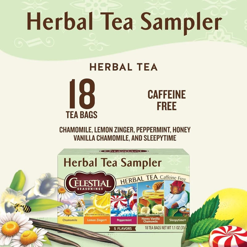 Herbal Tea Sampler Variety Pack Caffeine Free 18 Tea Bags Box gallery