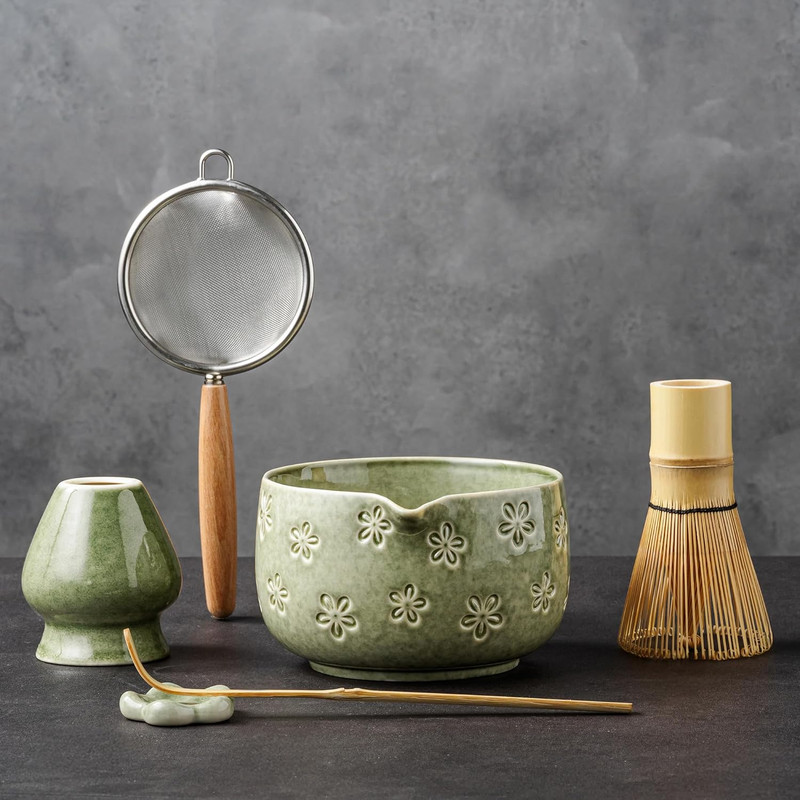 Matcha Whisk Set, Ceramic Matcha Set, 6 Pcs Matcha Kit Includes Matcha Bowl, Mat