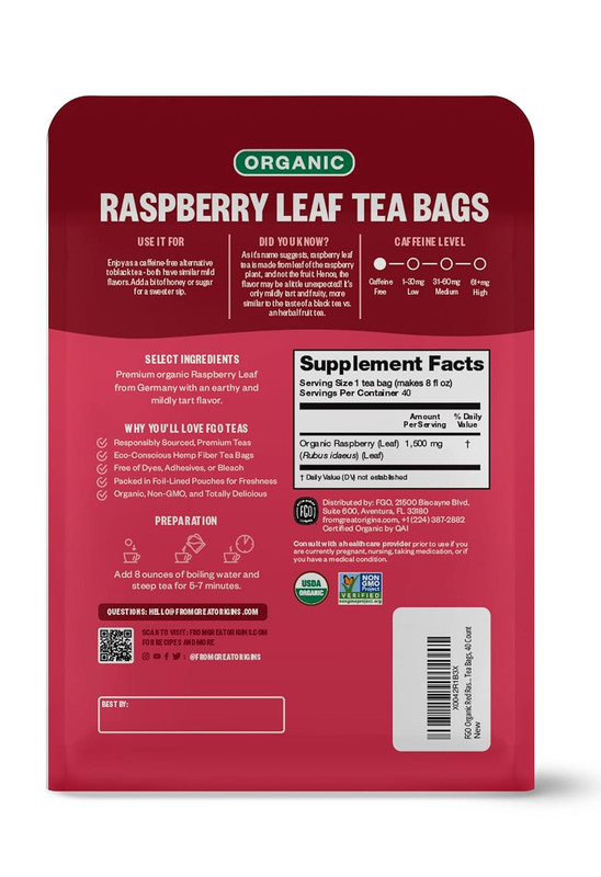 FGO Organic Red Raspberry Leaf Herbal Tea Bags, Caffeine Free, Eco Bags, 40 ct gallery