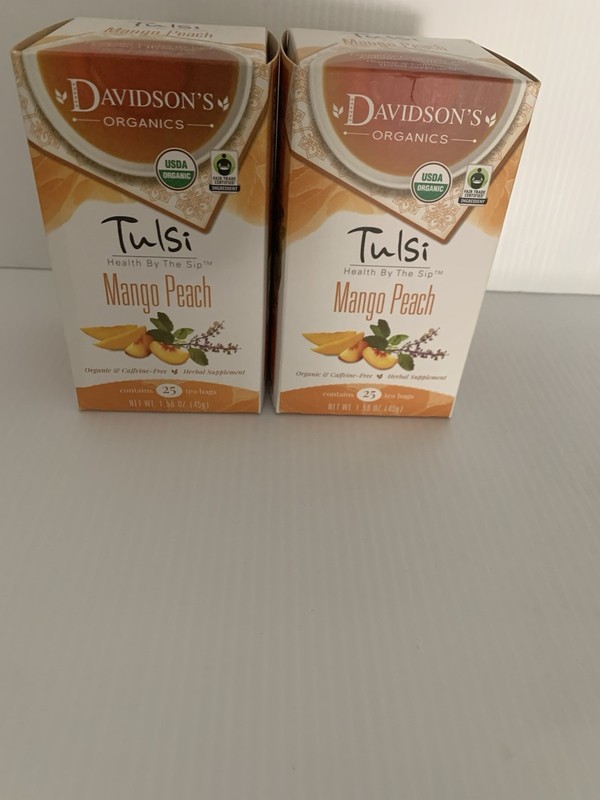 Davidson’s Organic Tulsi Mango Peach Tea Caffeine Free Herbal Blended 25 Bags