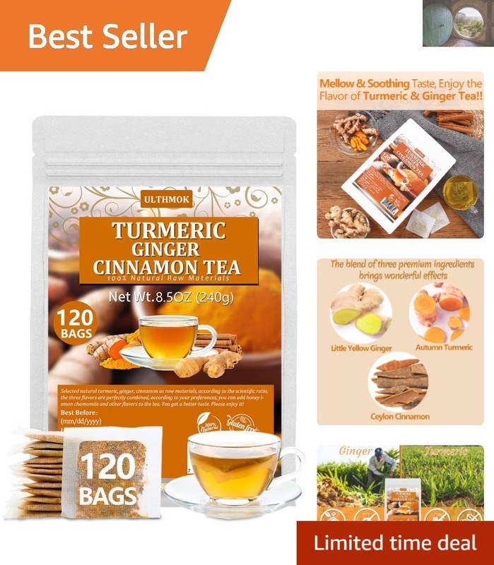 100% Natural Turmeric Ginger Tea Bags – 120 Count, No Additives, Caffeine Free