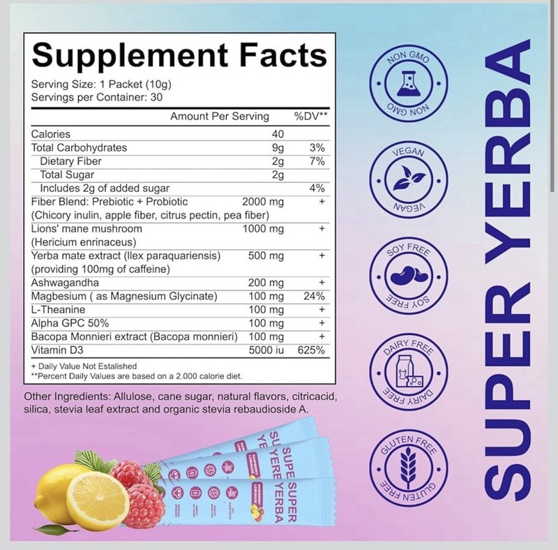 Super Yerba Ashwagandha Raspberry Lemonade - 30 Packets, Energy + Brain + Gut gallery