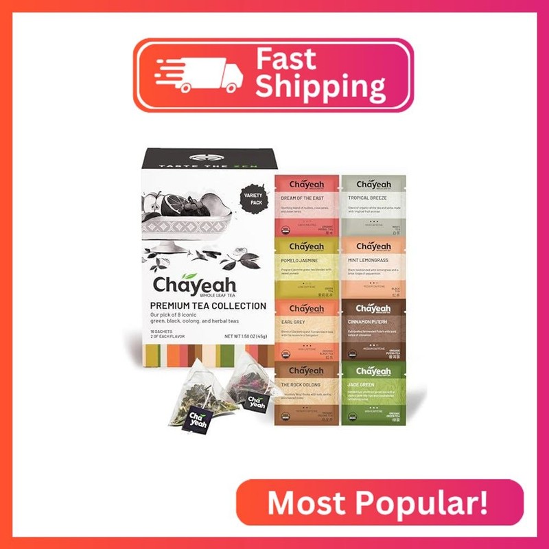 CHAYEAH, Premium Tea Collection (16 Pyramid Tea Sachets, 8 Assorted Flavors), Gr