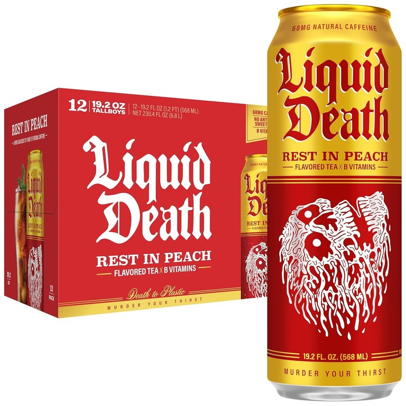 Liquid Death Rest In Peach Iced Tea 19.2oz Can Low Sugar Black Tea
