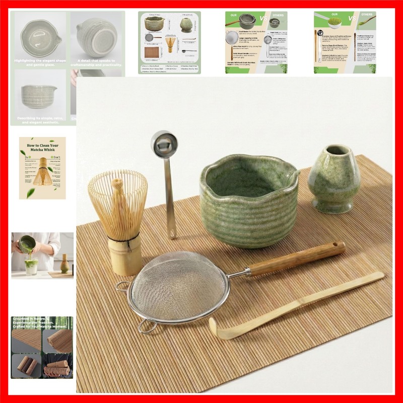 Matcha Whisk Set, 7 Pcs Matcha Kit with Spouted Bowl, Sifter and Whisk Holder…