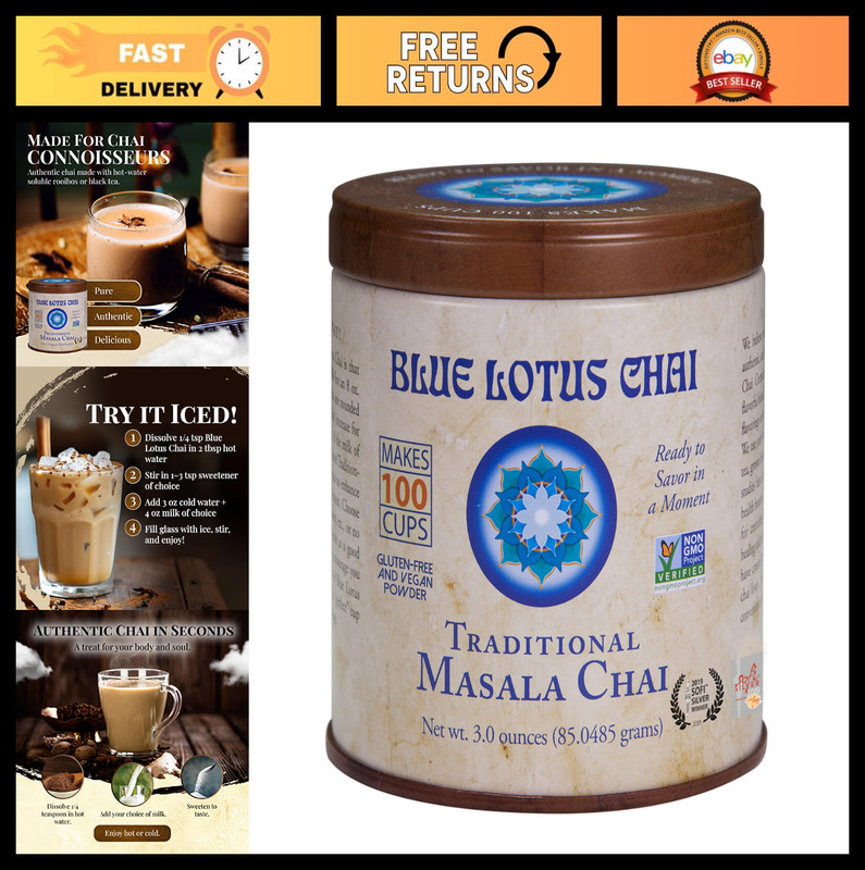 Traditional Masala Chai Powder - Instant Blue Lotus Tea - 100 Cups - Organic Spi