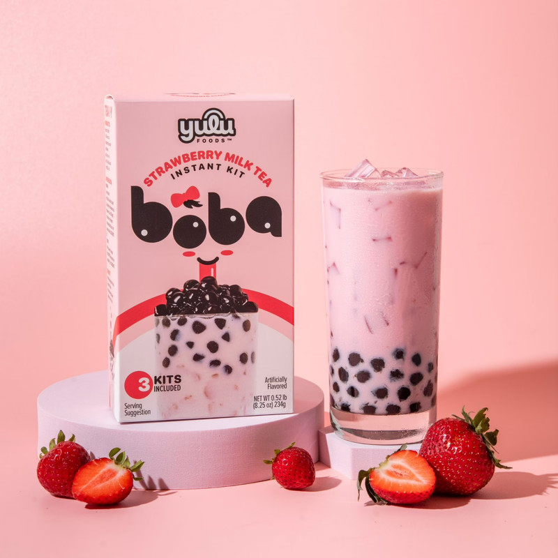 Yulu Instant Boba Strawberry Milk Tea, Bubble Tea Kit, 3 Drinks