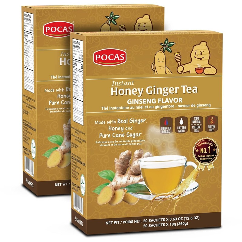 Pocas Honey Ginger Tea, Ginseng Flavor, ( Pack 2) Best By 03/2026
