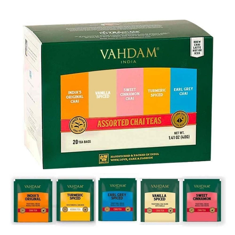 Exquisite Assorted Chai Tea Sampler - 20 Ecofriendly Pyramid Bags, 5 Flavors gallery