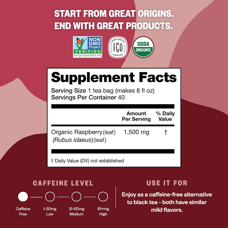FGO Organic Red Raspberry Leaf Herbal Tea Bags, Caffeine Free, Eco Bags, 40 ct gallery