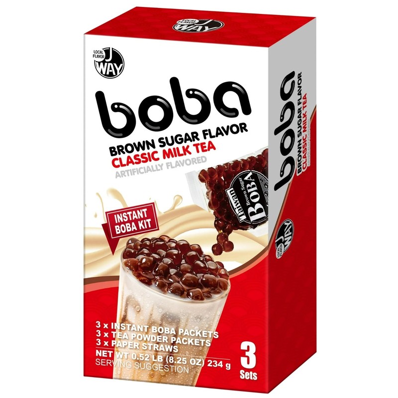 J Way Instant Boba Brown Sugar Milk Tea Set Classic 3 Drink Kit 8.25Oz. 1 Pack