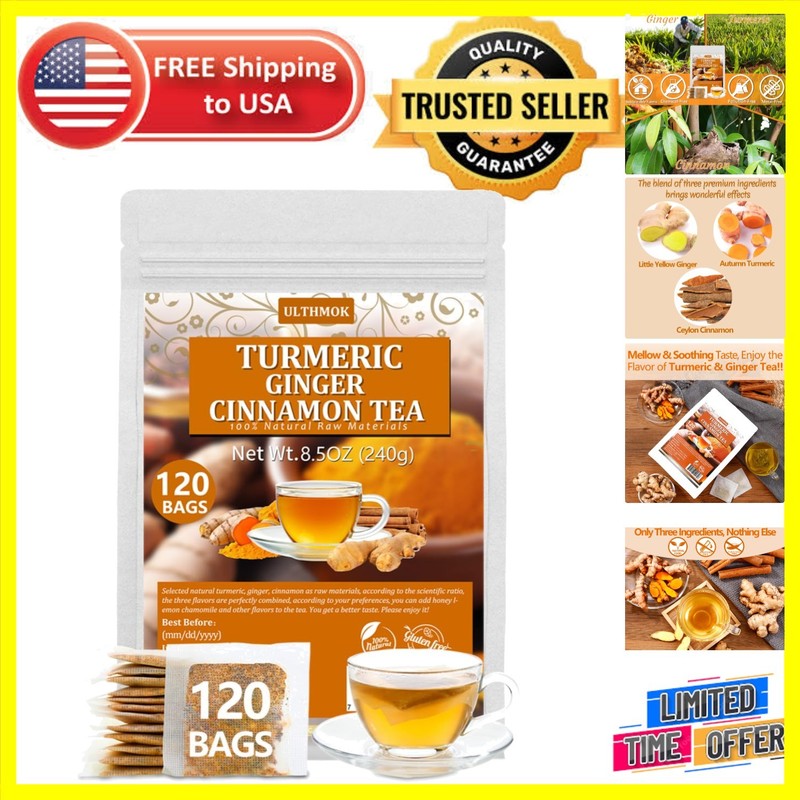 120 Natural Turmeric Ginger Tea Bags – Caffeine Free & No Additives – 100% Pure