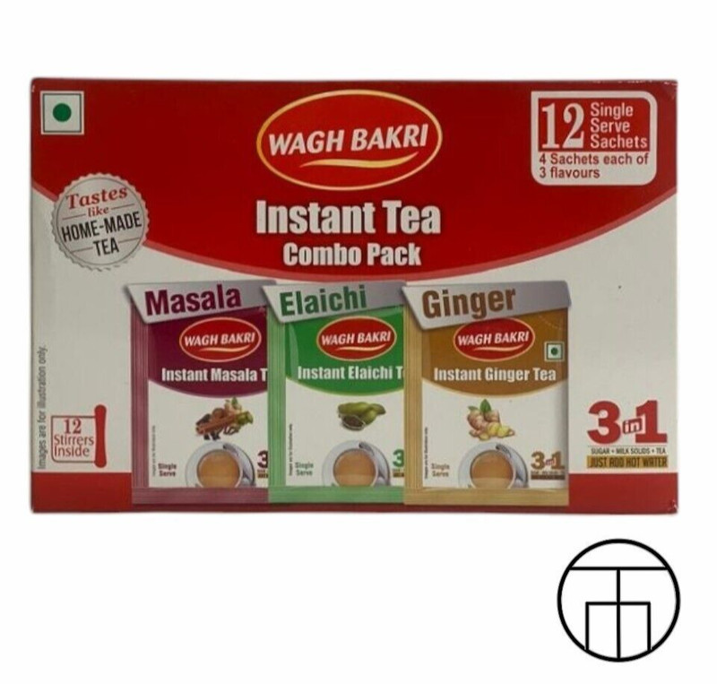 THH WaghBakri Instant Tea | Combo Pack Masala/Elaichi/Ginger | 12 Sachet (3X4pc) gallery
