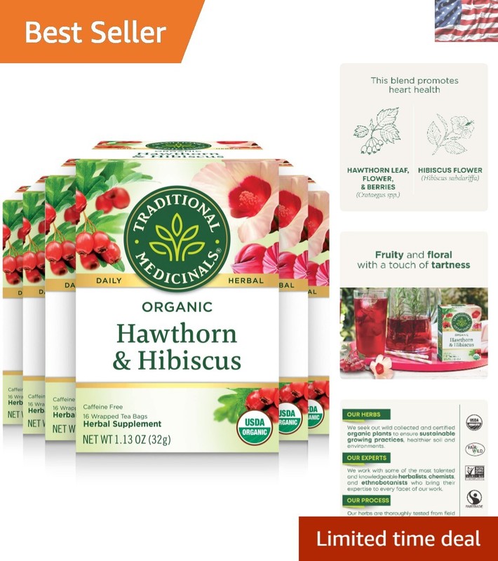 Organic Hawthorn & Hibiscus Tea – Promotes Heart Health, 96 Tea Bags, 6 Pack