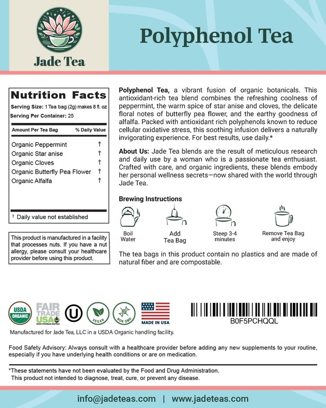Jade Tea - Organic Polyphenol Tea - Peppermint Leaf, Star Anise, Clove, Butt... gallery