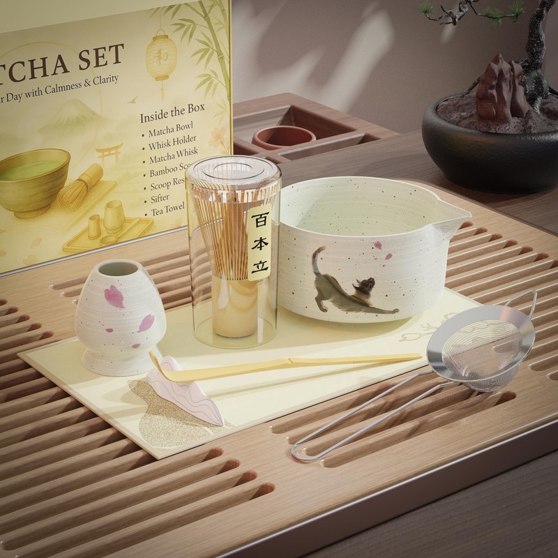 Complete 8-Piece Matcha Set – Japanese Matcha Tea Ceremony Kit with Cat Print... gallery