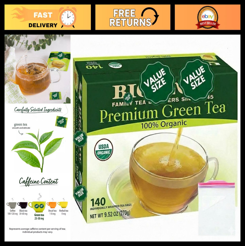 Organic Green Tea Bags – 140 Count, Premium Quality, Eco-Friendly Storage Bag