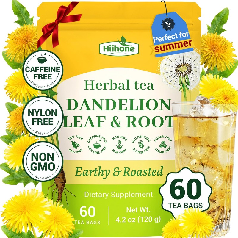 Hiihone Dandelion Root & Leaf Tea Bags 60 Count – Caffeine-Free Dandelion Herbal