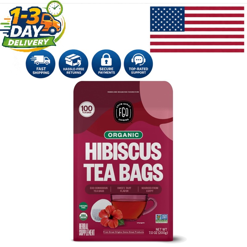 Organic Hibiscus Tea – 100 Count Caffeine-Free Eco-Conscious Bags for Health
