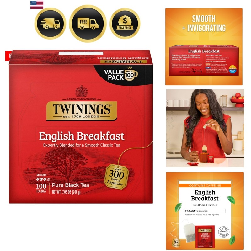 English Breakfast Black Tea Individually Wrapped Bags, 100 Count Pack of 1, S…