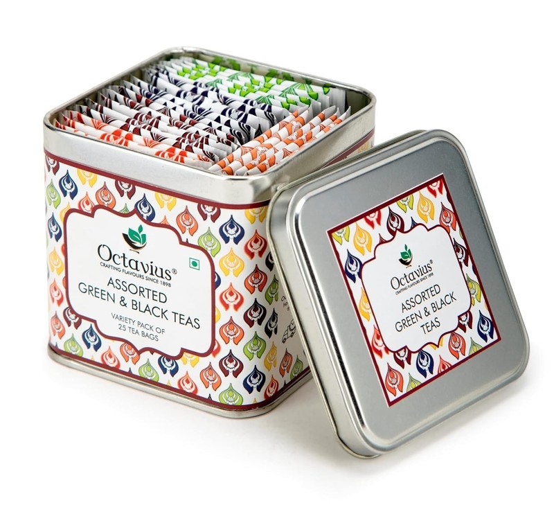 Octavius 6 Assorted Tea Flavors in Black & Green Teas in Tin Box 25 Tea Bags