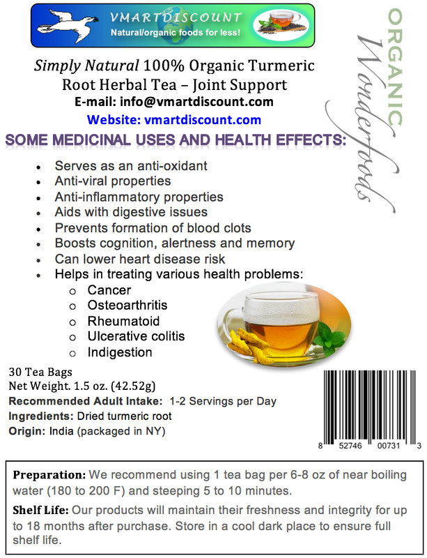 Organic Turmeric Root Herbal Tea 30 Tea Bags – All Natural Joint Support