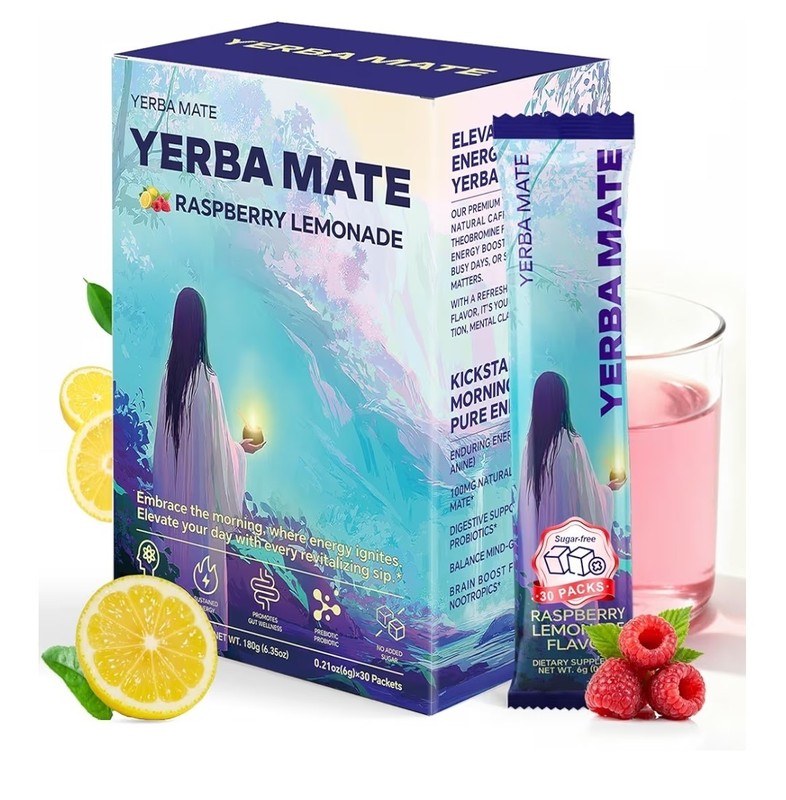 Yerba Mate Instant Energy Bloom Powder-Raspberry Lemonade Flavor-30 Servings