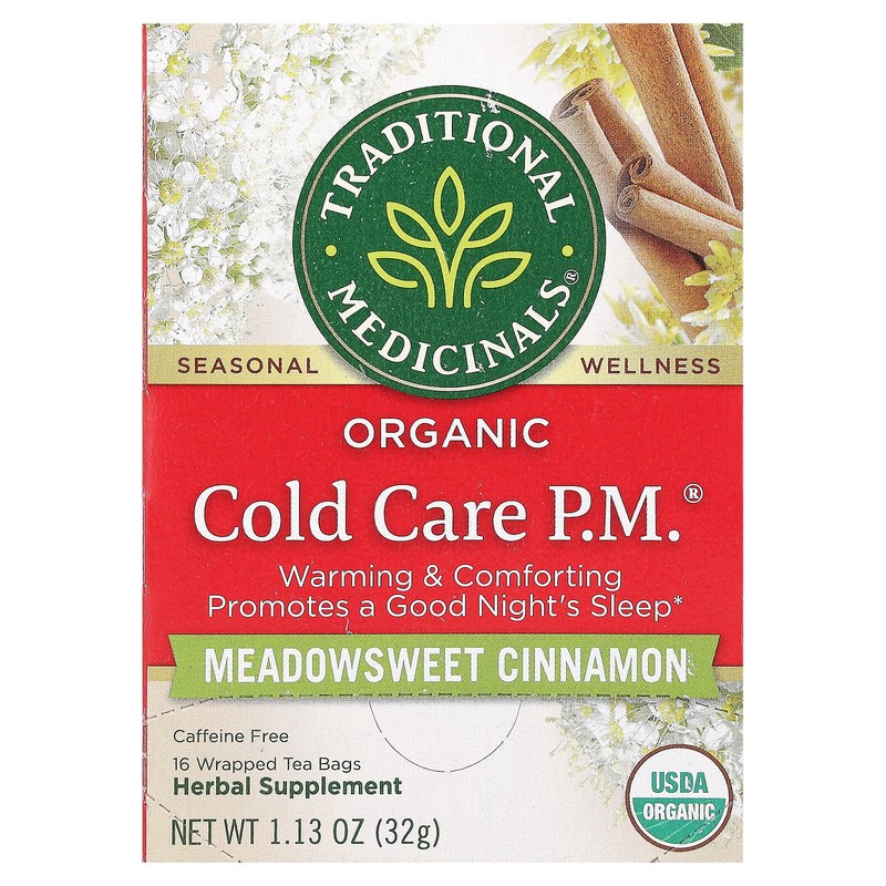 Organic Cold Care PM, Meadowsweet Cinnamon, Caffeine Free, 16 Wrapped Tea Bags,