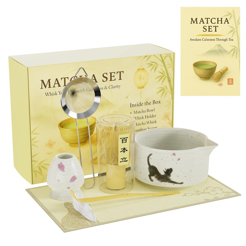 Complete 8-Piece Matcha Set – Japanese Matcha Tea Ceremony Kit with Cat Print...