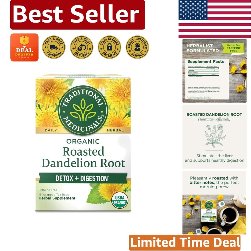 Organic Roasted Dandelion Root Tea – 16 Bags for Detox & Digestive Health