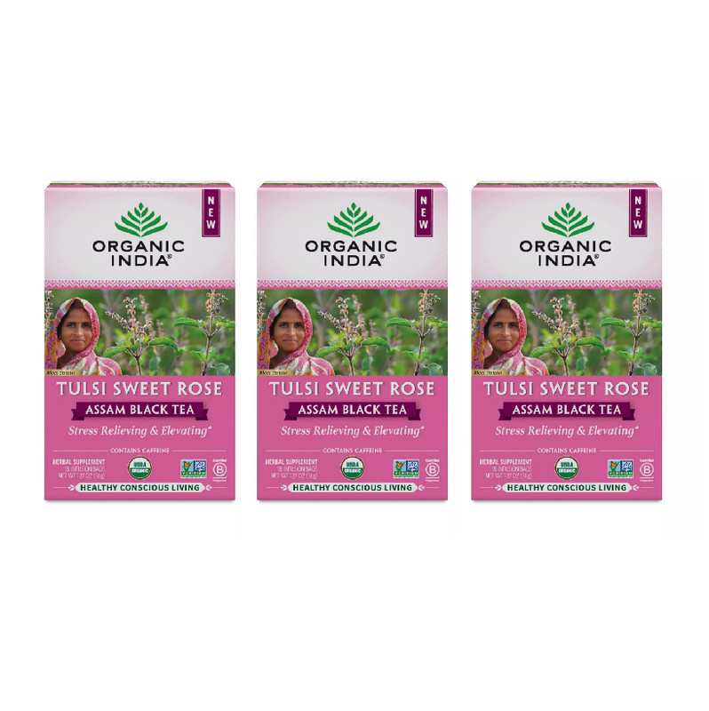 Organic India Tulsi Sweet Rose Assam Black Tea 18 count (pack of 3)