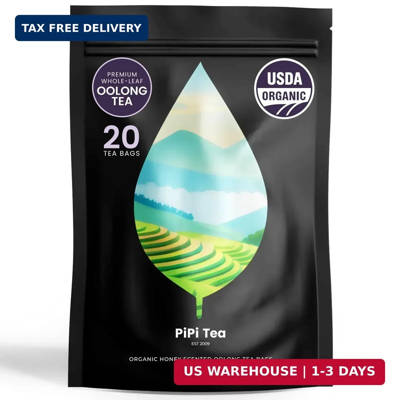 PiPi Tea Organic Oolong Tea Bags - Whole Leaf, 20 Bags (4g Each) - Cortisol & Ca