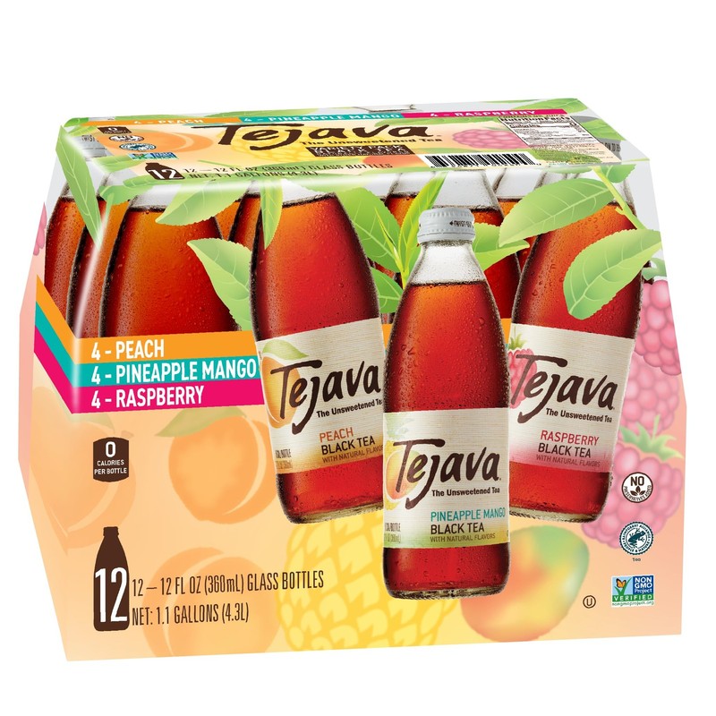 Tejava Black Tea Sampler, 12 ounce (12-Pack) Glass, Unsweetened, Peach, Raspb…