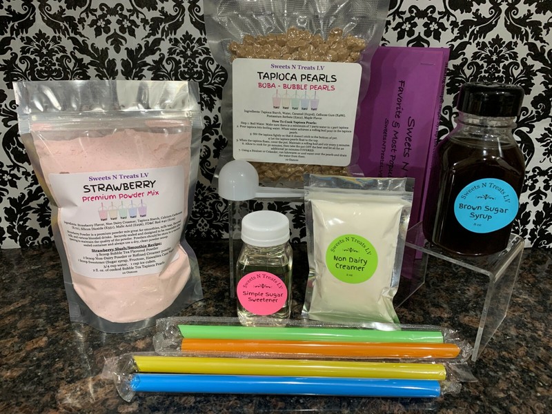 STRAWBERRY Powder Boba Bubble Tea Tapioca Pearls Brown Sugar Syrup DIY KIT New gallery