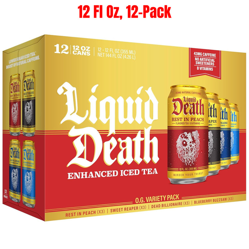 Liquid Death Iced Tea – Variety, Less Sugar, Boost of Caffeine, 4 Flavors, 12 fl
