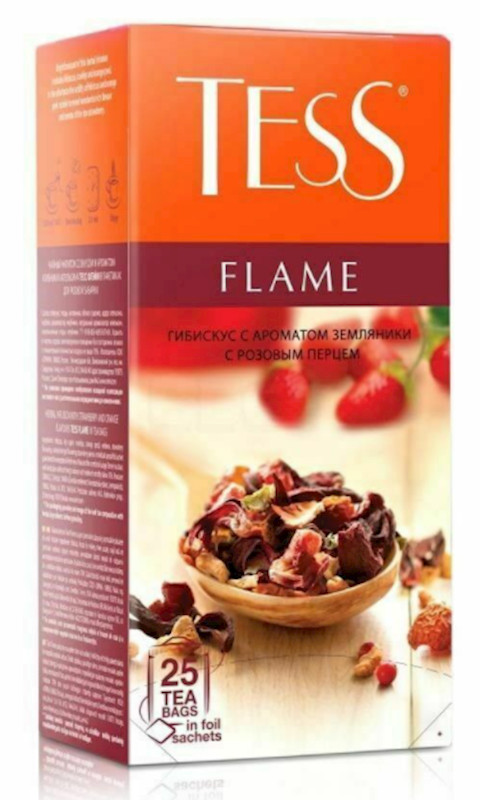 TESS Tea – FLAME – STRAWBERRY Black Tea 25 Tea Bags in Foil Sachets – Russian