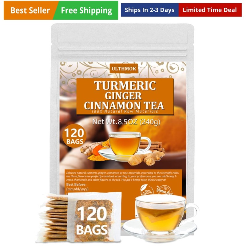 120 Turmeric, Ginger, Cinnamon Blend Tea Bags, 100% Natural & No Additives &…